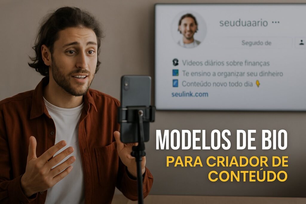Exemplo de bio que vende no Instagram para criador de conteúdo, com perfil visível ao fundo enquanto grava vídeo com celular.
