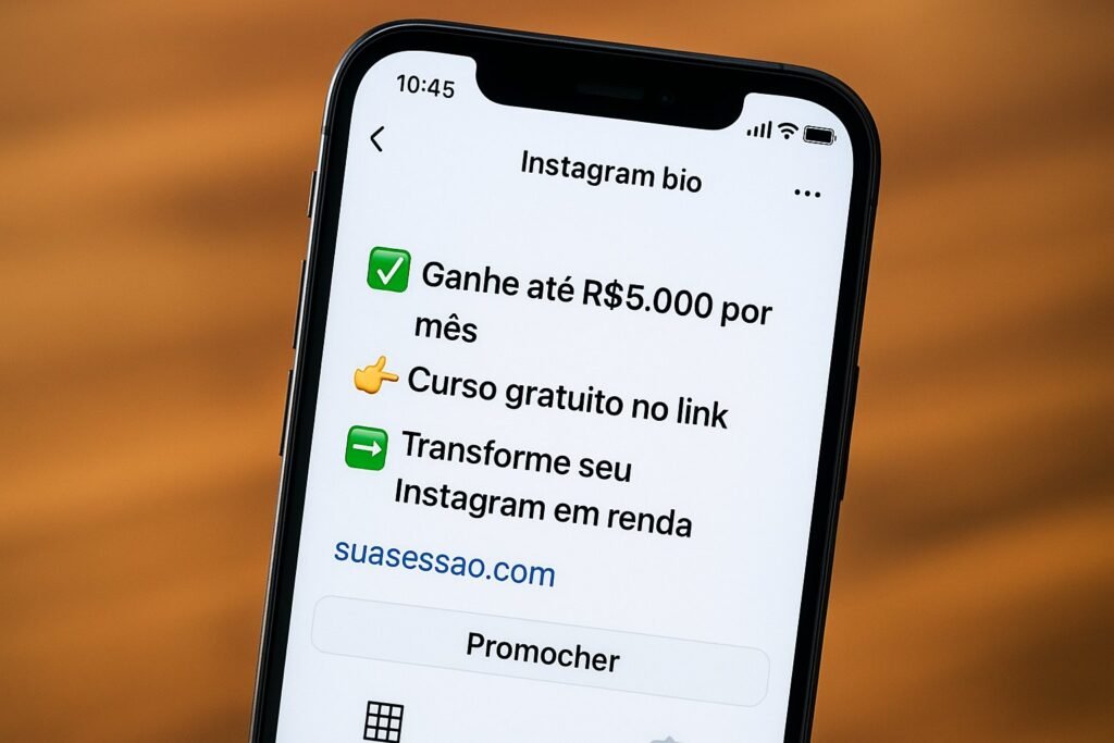 Imagem realista de tela de celular com bio destacando uma frase de impacto, emojis e chamada para ação acima do link clicável.