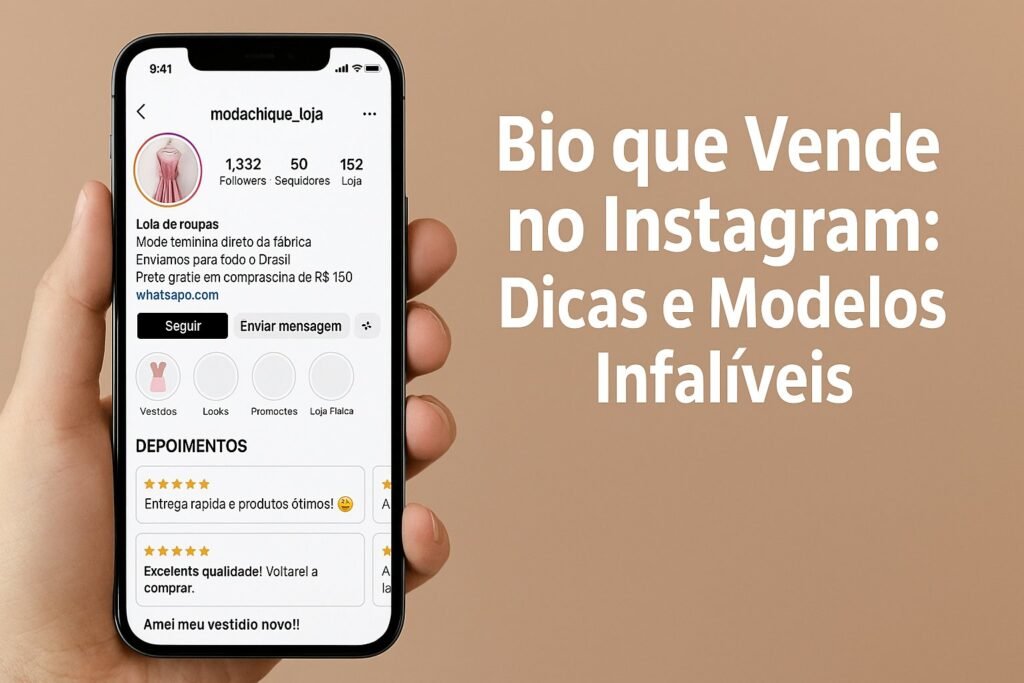 Imagem de perfil de uma loja de roupas no Instagram, exibindo depoimentos positivos, oferta de frete grátis e elementos que transmitem confiança ao cliente.