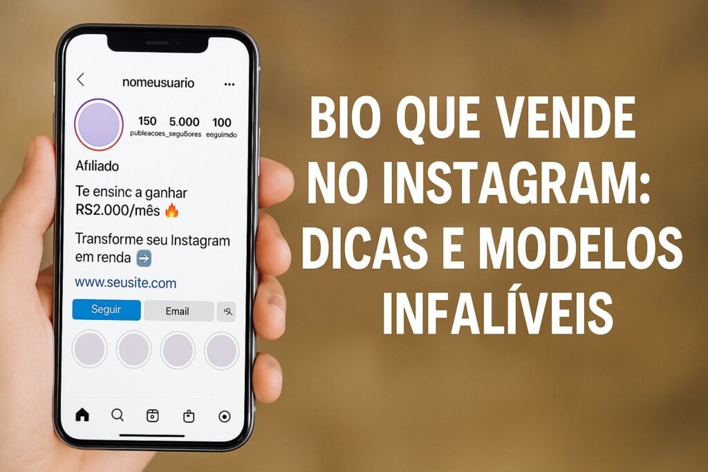 Imagem de celular exibindo uma bio que vende no Instagram com exemplo prático de perfil otimizado e texto promocional ao lado.
