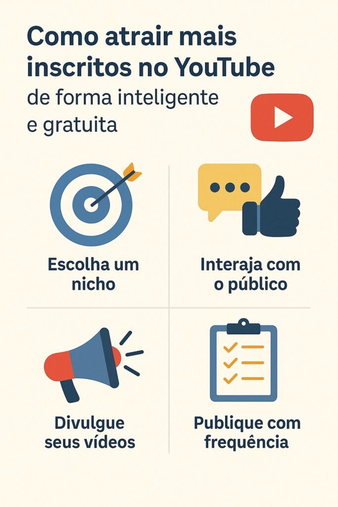 Infográfico explicativo com estratégias para atrair seguidores, incluindo escolher um nicho, interagir com o público, divulgar vídeos e manter frequência.
