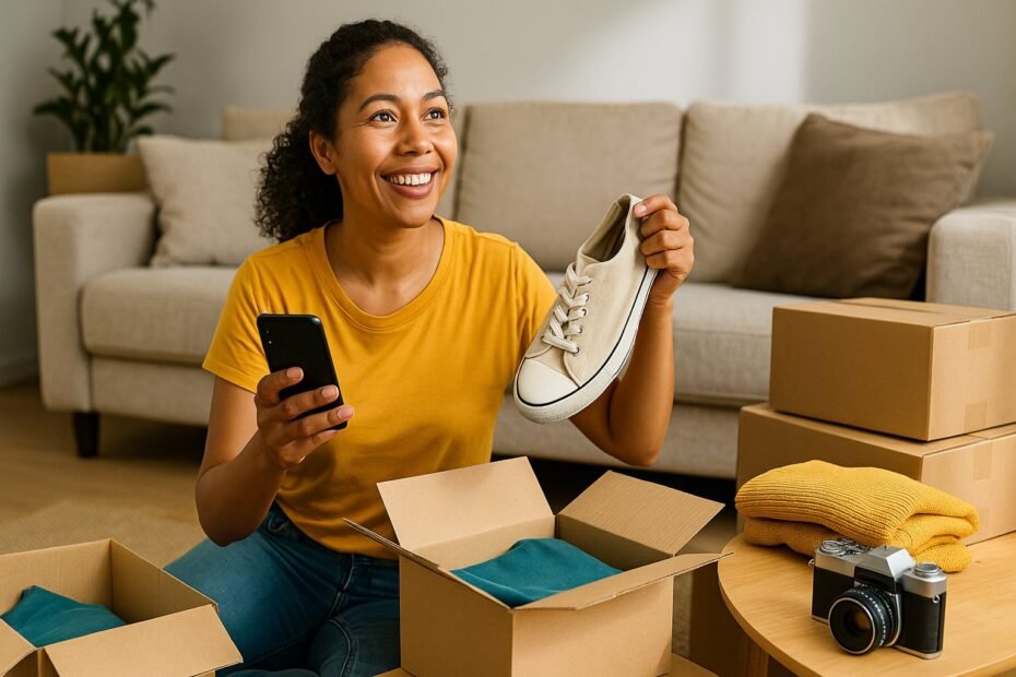 Mulher brasileira usando o celular enquanto organiza objetos para vender, ilustrando de forma prática como funciona Mercado Livre para iniciantes.