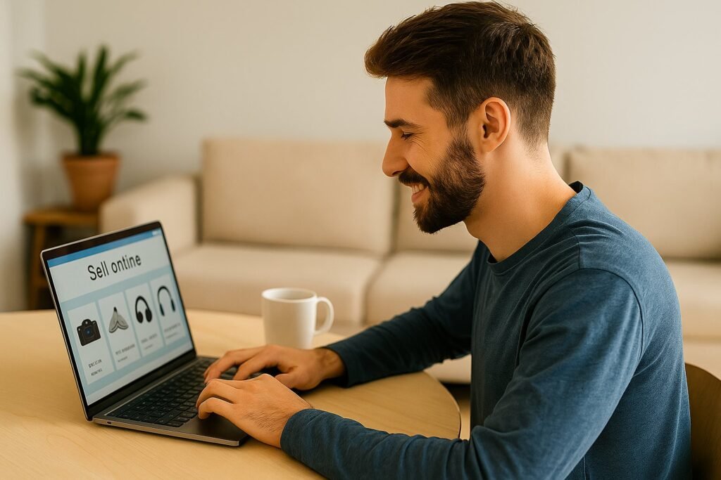 Jovem digitando no notebook com site de vendas aberto, representando como funciona Mercado Livre para quem busca trabalhar de casa.