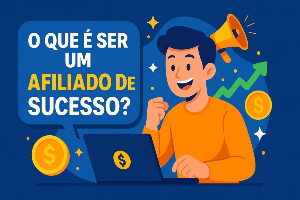 Ilustração moderna representando a frase foco “Como ser afiliado de sucesso”, com um jovem animado diante de um notebook, símbolos de dinheiro, gráfico de crescimento e um megafone ao fundo, expressando a ideia de conquistas no marketing digital.