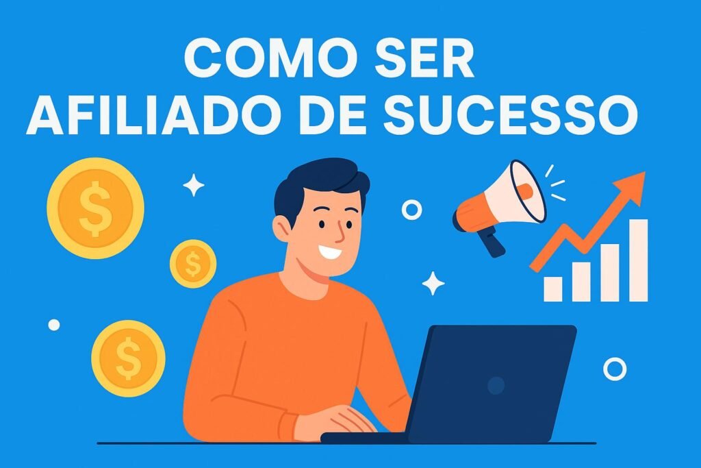 Ilustração vibrante representando a frase foco “Como ser afiliado de sucesso”, com um jovem animado trabalhando no notebook, ao fundo ícones de dinheiro, gráfico de crescimento e megafone, simbolizando ganhos no marketing digital.