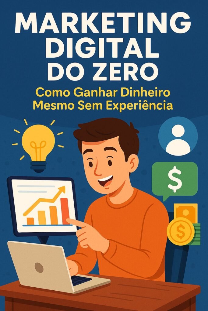 Homem sorridente utilizando notebook, apontando para gráfico de crescimento, com símbolos de dinheiro e ideias ao fundo, representando oportunidades de renda extra sem precisar de experiência.
