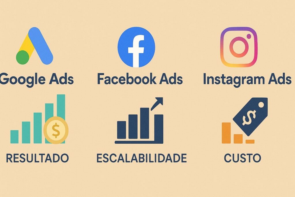Comparação visual do ROI entre Google Ads, Facebook Ads e Instagram Ads