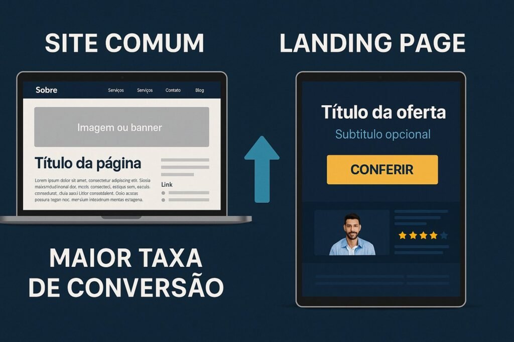 Comparação entre site comum e landing page que vende: à esquerda, uma página institucional com menus e distrações; à direita, uma landing page com CTA em destaque e maior taxa de conversão visualmente indicada por seta azul.