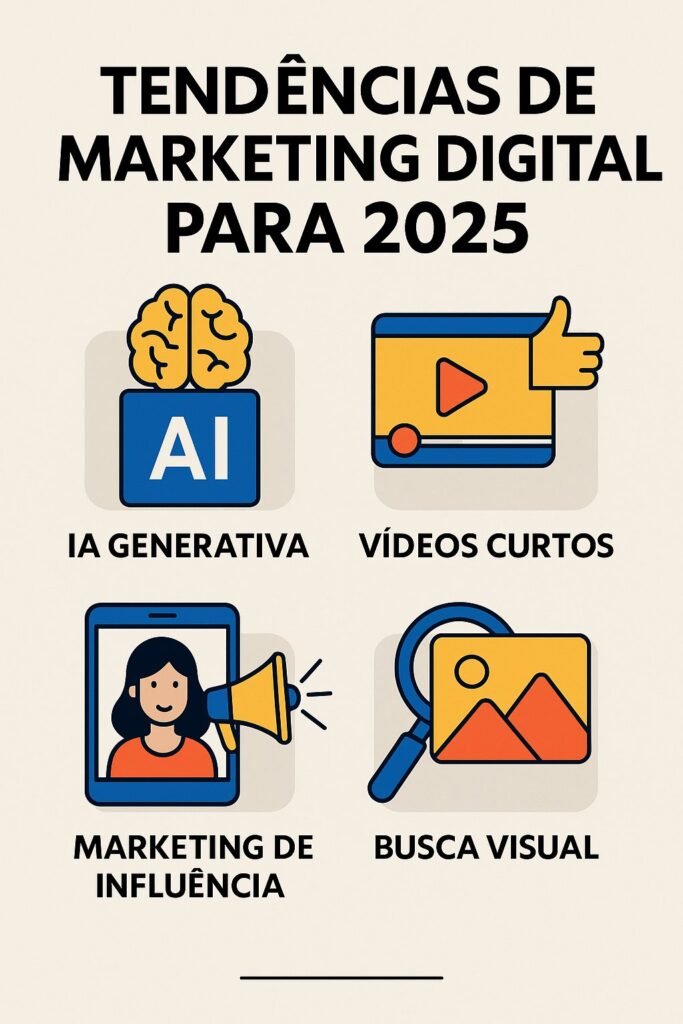 Infográfico com quatro ícones representando as tendências do marketing digital 2025: IA generativa, vídeos curtos, marketing de influência e busca visual, com layout limpo e ilustrativo.