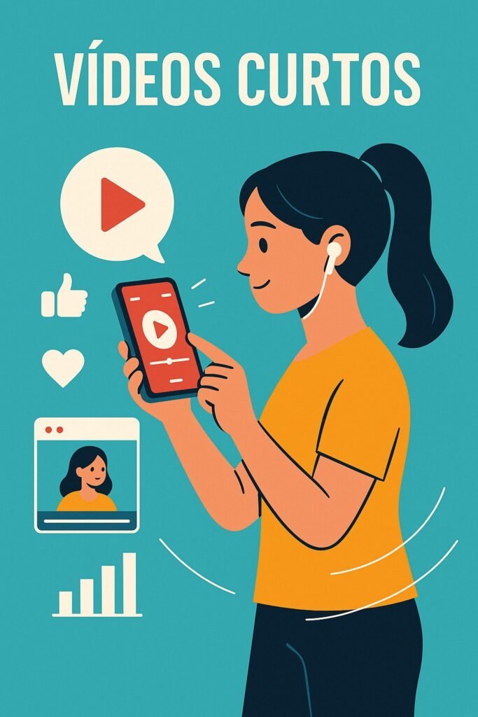 Ilustração de uma jovem assistindo a vídeos curtos no celular, com ícones de curtida, reprodução e engajamento, representando as tendências do marketing digital 2025 aplicadas ao conteúdo em vídeo.
