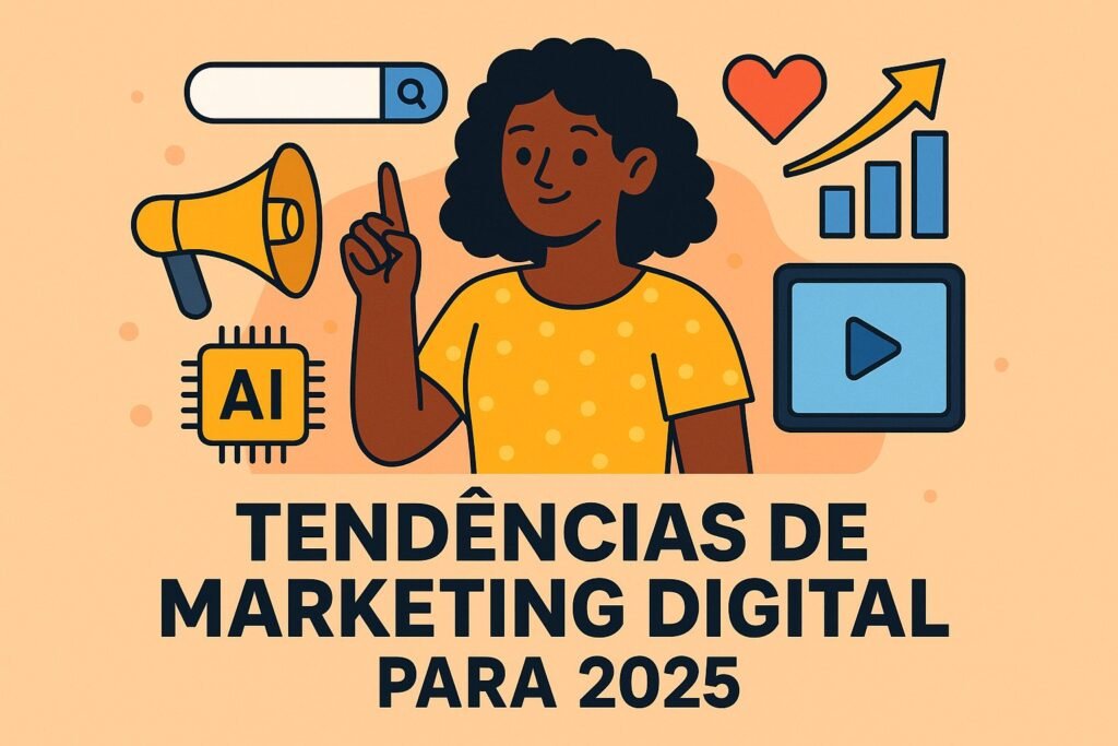 Ilustração colorida com uma mulher sorridente apontando para o alto, cercada por ícones de marketing digital como megafone, gráfico de crescimento, coração, reprodução de vídeo, IA e barra de busca.