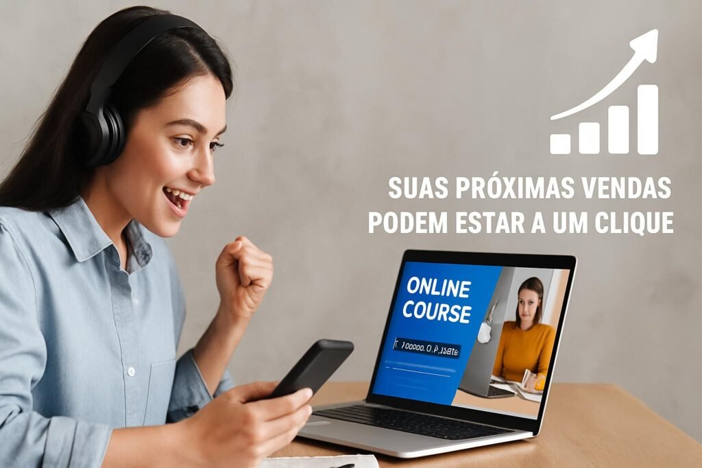 Mulher assistindo aula prática em notebook com expressão de empolgação, enquanto segura o celular; gráfico crescente ao fundo e chamada para ação na tela