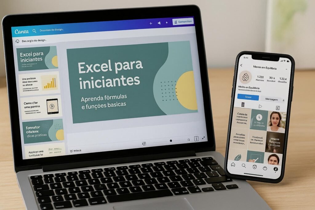 Interface do Canva e perfil de Instagram com conteúdo visual sem exposição pessoal, representando produção anônima de conteúdo digital.