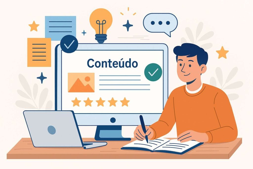 Pessoa escrevendo em um caderno com um computador ao lado, exibindo avaliações positivas e indicadores de qualidade em uma tela digital.
