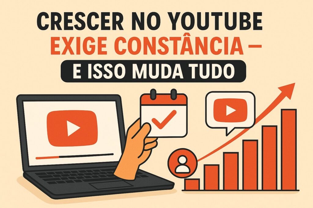 Imagem ilustrativa sobre como crescer com inscritos no YouTube exige constância, mostrando elementos como calendário, gráfico de crescimento e o player da plataforma.