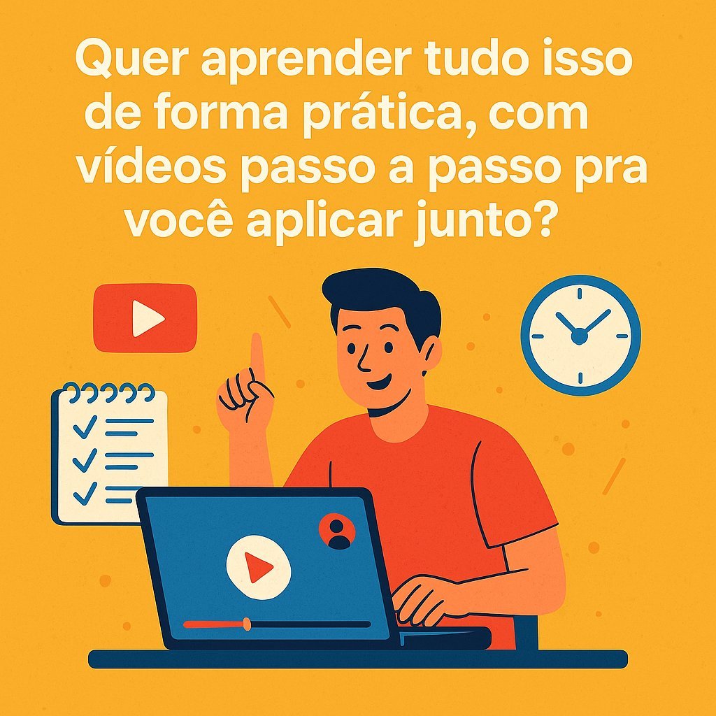 Ilustração mostrando uma pessoa assistindo a vídeos educativos em um notebook, com checklist, ícone de play e relógio ao fundo, representando aprendizado prático.