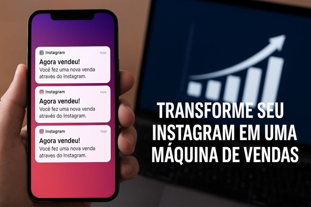 Imagem de celular exibindo notificações de vendas, com gráfico de crescimento ao fundo e chamada visual estimulando o uso do Instagram para gerar resultados.