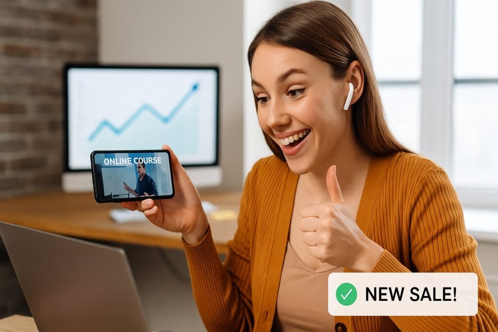 Melhor nicho afiliado oculto ilustrado com pessoa estudando online e notificação de venda ao fundo simbolizando sucesso sem precisar aparecer