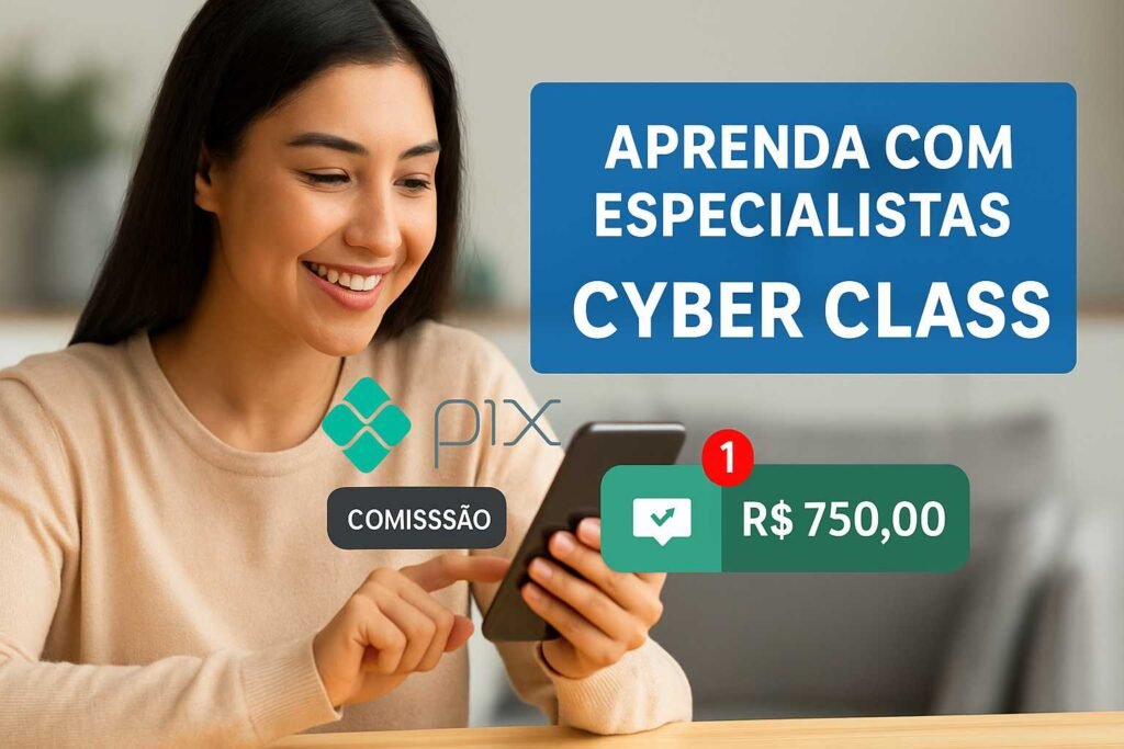 Mulher sorrindo enquanto usa o celular, com ícones de Pix, notificação de comissão e texto “Aprenda com especialistas – Cyber Class”, representando ganhos online.