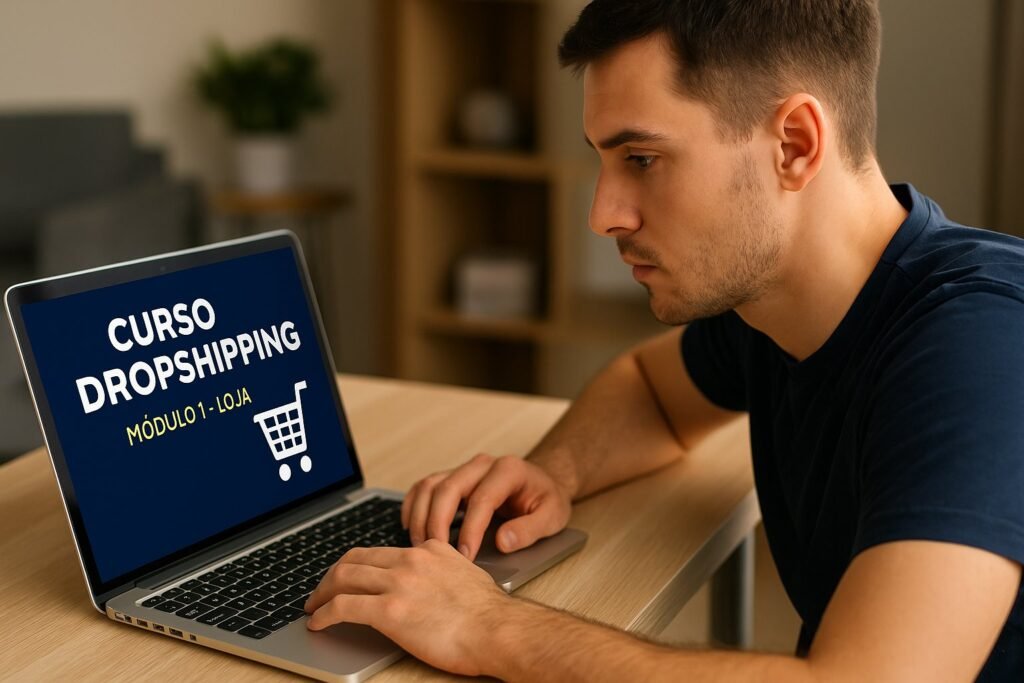 Homem jovem concentrado assistindo a uma aula prática de dropshipping no notebook com tela exibindo “Curso Dropshipping: Módulo 1 - Loja”.