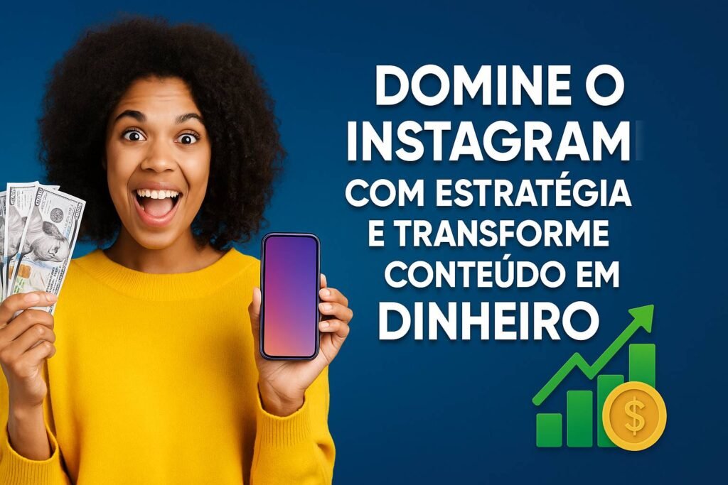 Mulher sorridente segurando celular e dinheiro, ao lado de gráfico de crescimento e texto com mensagem de sucesso financeiro no Instagram.