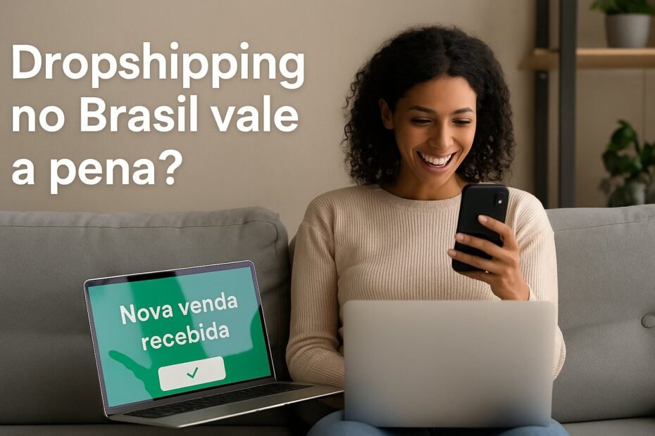 Mulher sorrindo após venda no celular, representando dropshipping no Brasil com pouco investimento