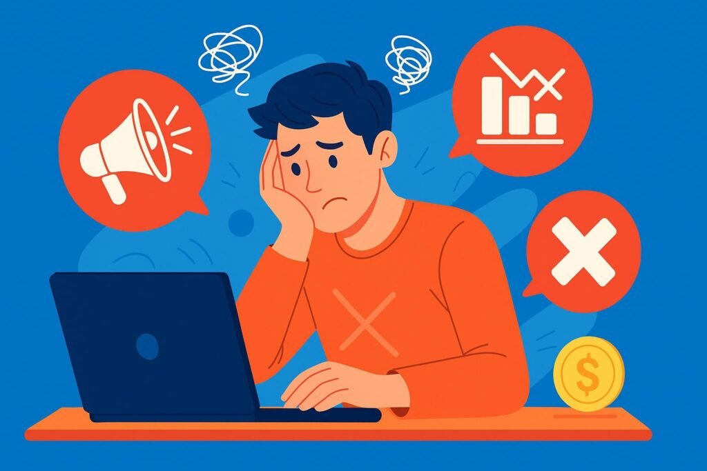 Ilustração moderna de um jovem frustrado usando um notebook, com ícones de erro, gráfico em queda e megafone ao fundo, representando dificuldades e falhas no marketing digital.