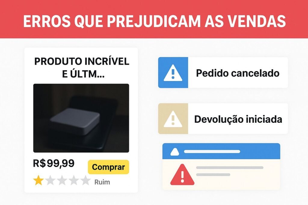 Ilustração de um anúncio mal feito com título cortado, imagem escura, avaliação ruim e alertas de cancelamento e devolução de pedido.