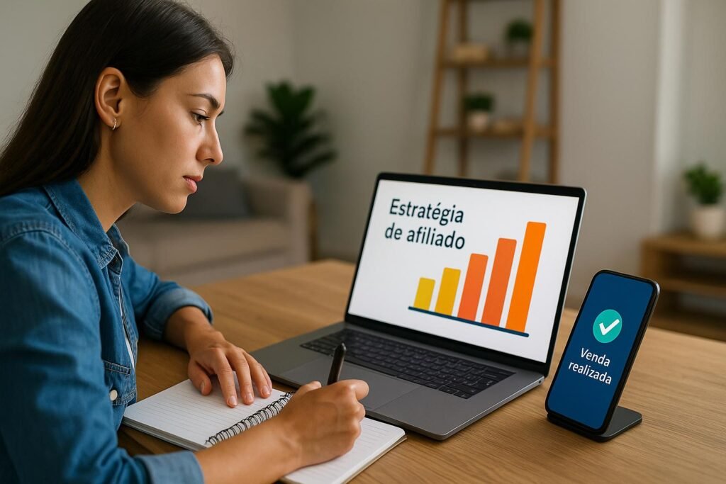 Quanto ganha afiliado iniciante estudando estratégias — imagem de pessoa anotando com gráfico e notificação de venda na tela.
