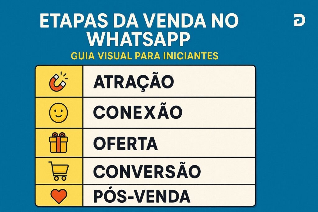 Infográfico com etapas práticas para vender fácil no WhatsApp usando atração, conexão, oferta, conversão e pós-venda.