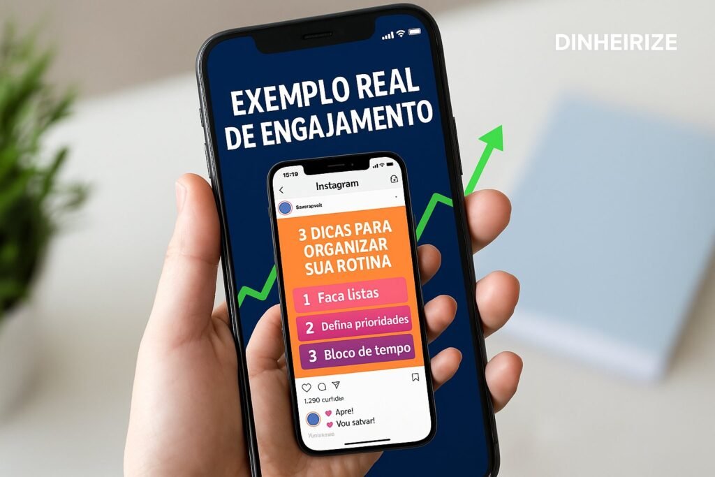 Pessoa segurando celular com carrossel do Instagram aberto e gráfico de crescimento ao fundo.