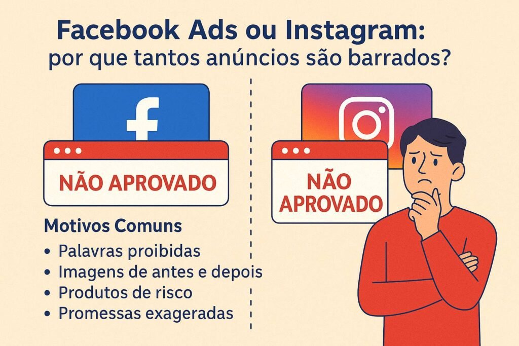 Imagem ilustrativa mostrando por que anúncios são barrados no Facebook Ads ou Instagram, com motivos como palavras proibidas e promessas exageradas.