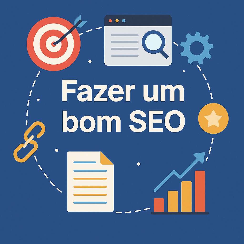 Fazer um bom SEO representado com ícones de otimização, metas e resultados positivos em um design moderno.