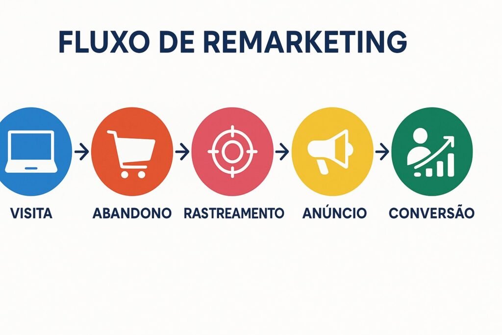 Infográfico ilustrando o fluxo de remarketing com ícones de visita, abandono, rastreamento, anúncio e conversão.
