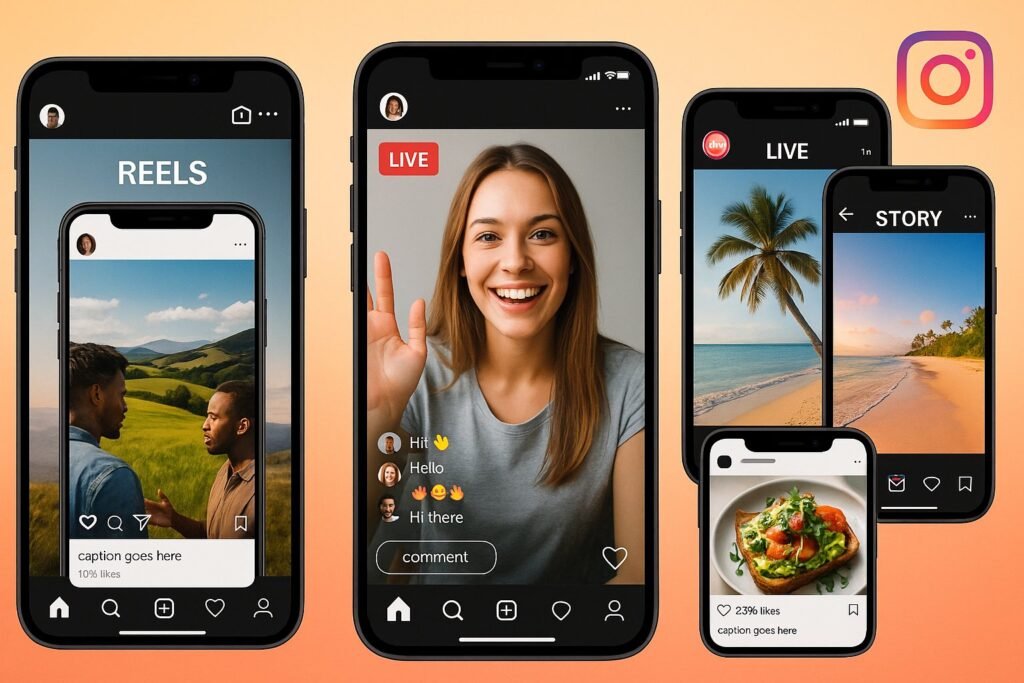 Formatos do Instagram exibidos em mosaico para ilustrar erros comuns Instagram ao não variar conteúdos como Reels, Lives, Stories e Feed.