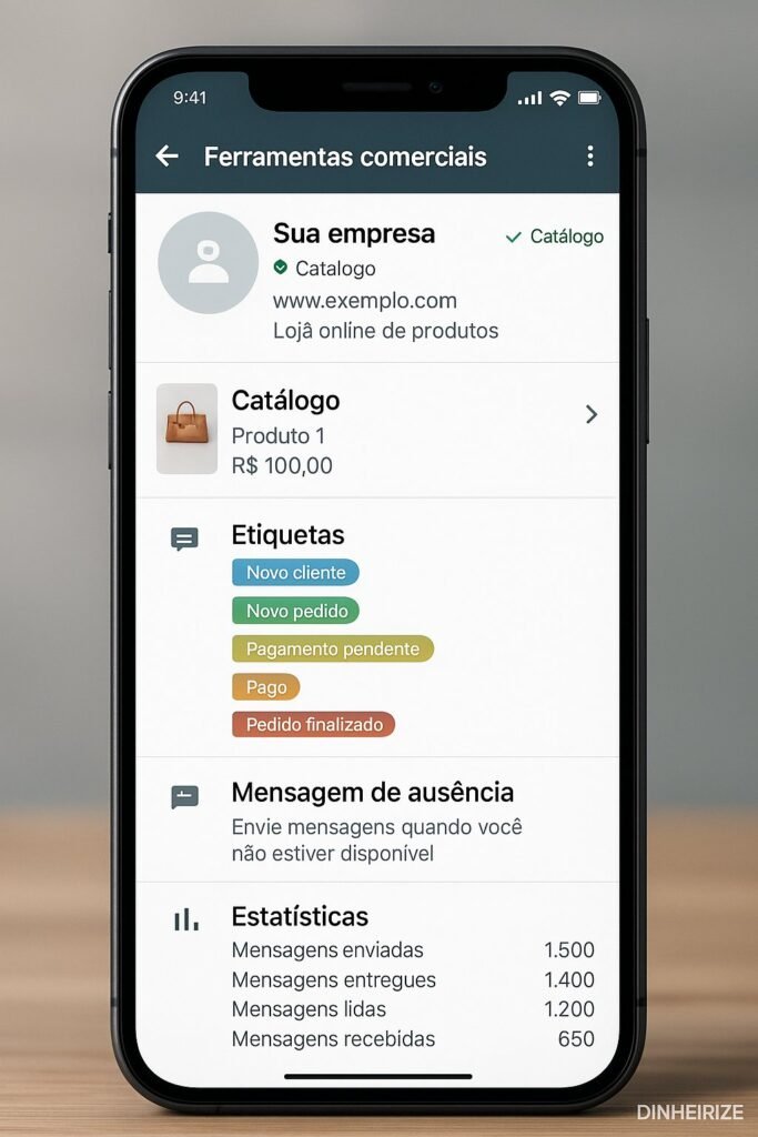 Tela simulada do WhatsApp Business exibindo perfil comercial, catálogo, etiquetas coloridas, mensagens automáticas e estatísticas de mensagens.