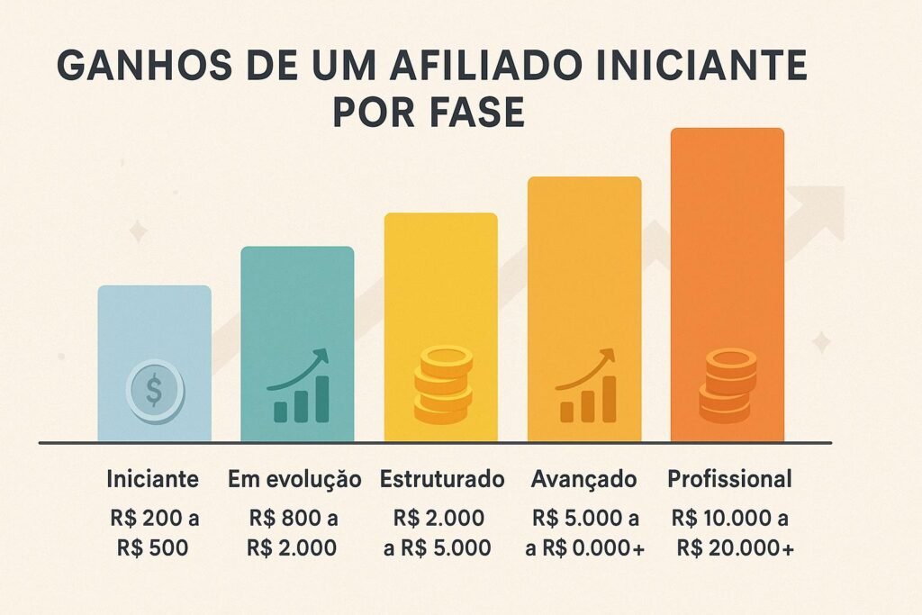Quanto ganha afiliado iniciante por fase — gráfico visual com barras coloridas mostrando evolução dos ganhos mensais.