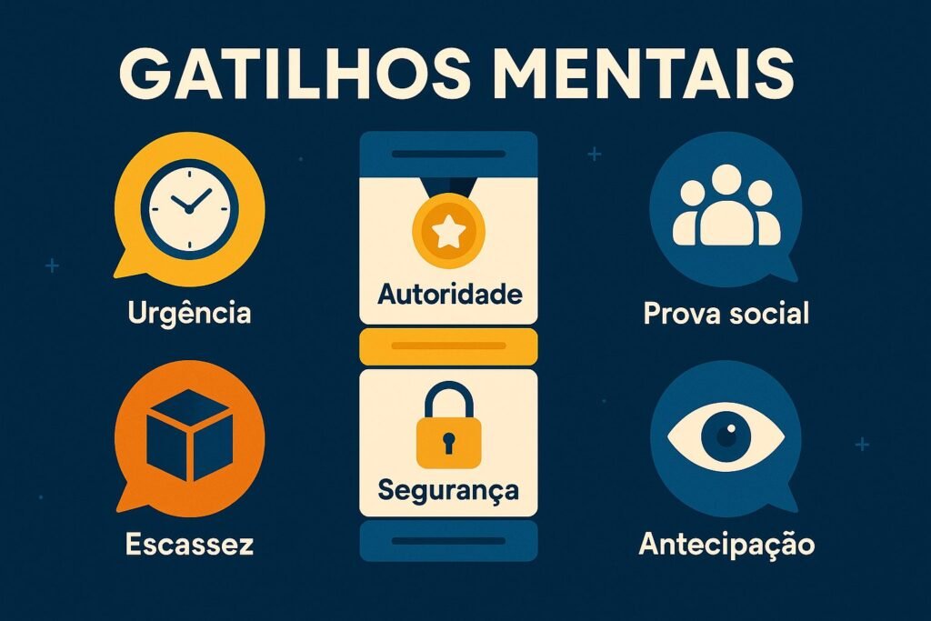 Ilustração dos principais gatilhos mentais usados em uma página que vende: urgência, autoridade, prova social, escassez, segurança e antecipação representados por ícones visuais coloridos.
