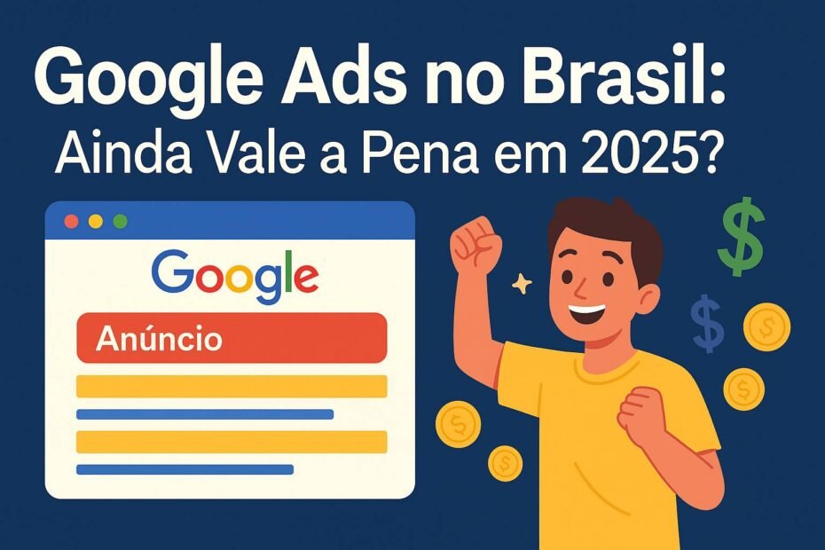 Ilustração mostrando Google Ads no Brasil em 2025, com uma pessoa feliz ganhando dinheiro através da monetização por anúncios.