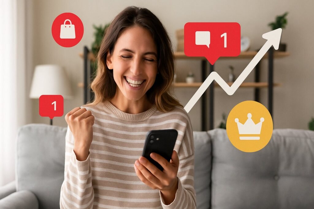 Mulher sorridente em casa segurando celular, com ícones flutuantes de vendas, mensagens e gráfico de crescimento ao fundo.