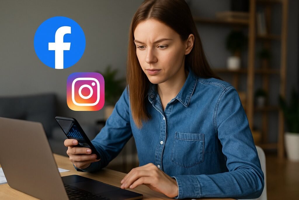 Mulher analisando dados no notebook e celular, com ícones do Facebook e Instagram ao fundo, representando o uso de estratégias de Facebook Ads Brasil para campanhas digitais.