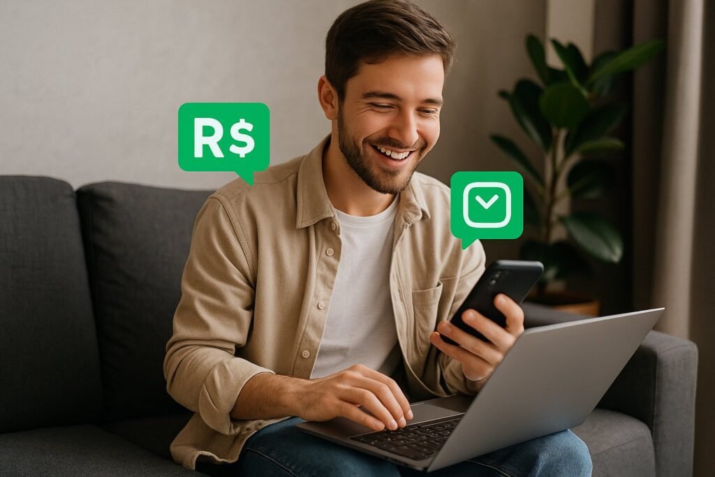 Homem sorrindo enquanto usa o celular e notebook, com ícones de dinheiro e confirmação, representando resultados positivos com Facebook Ads Brasil.