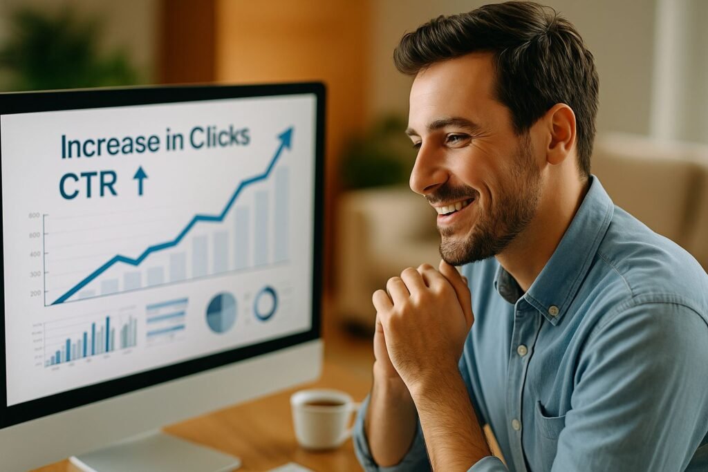 Homem otimista sorrindo ao analisar gráficos no computador com taxa de cliques CTR em crescimento constante.