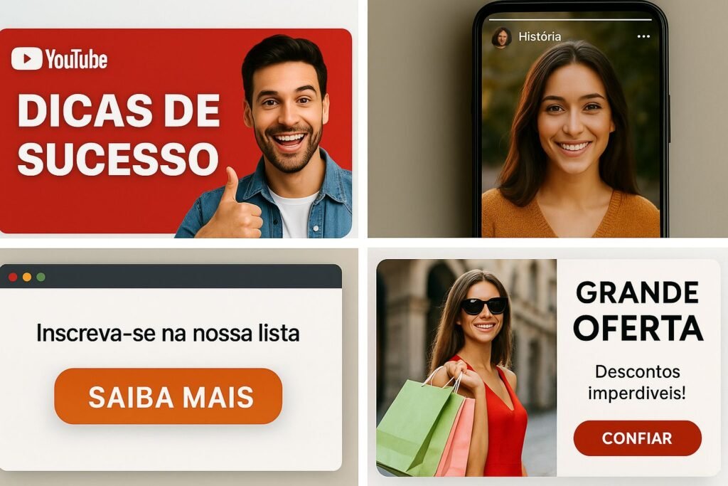 Mosaico visual com exemplos de conteúdos otimizados para aumentar a taxa de cliques CTR em YouTube, Instagram, e-mail e anúncios online. 