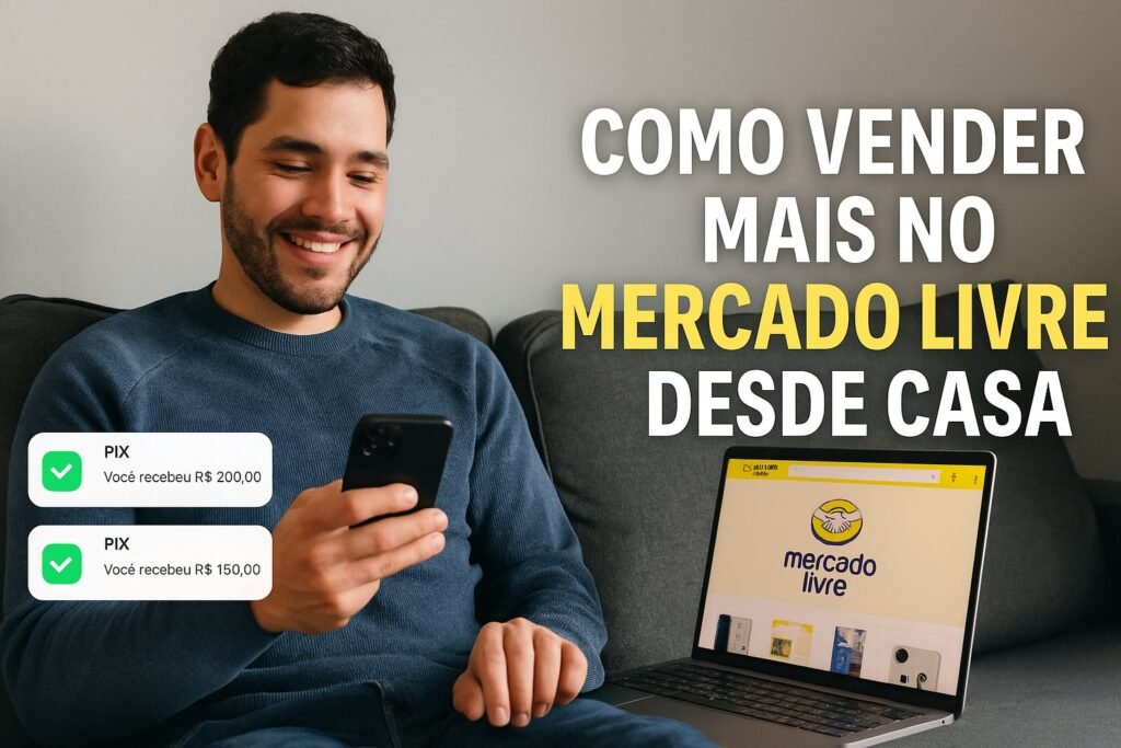 Vendas no Mercado Livre: homem feliz usando notebook com site do Mercado Livre aberto e notificações de Pix no celular, simbolizando sucesso nas vendas online.