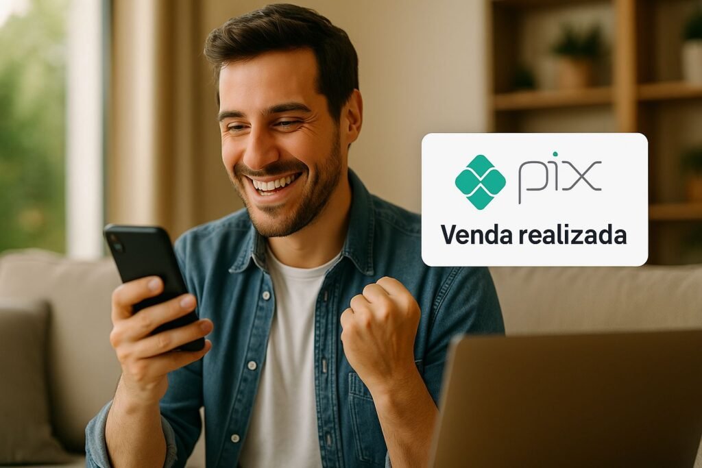 Homem sorrindo em casa ao receber notificação de venda via Pix, sentado no sofá com celular na mão e notebook aberto à frente.