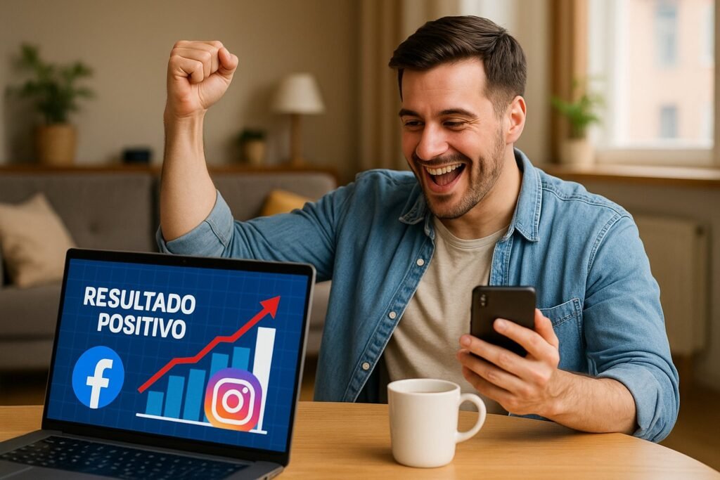 Homem comemorando com expressão de felicidade enquanto segura um celular e olha para o notebook, que exibe um gráfico crescente com os logos do Facebook e Instagram e a mensagem "Resultado Positivo".