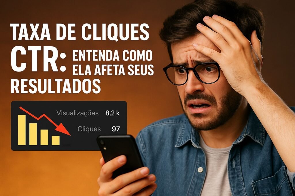Homem frustrado olhando para o celular ao ver baixa taxa de cliques CTR, com gráfico de queda e texto explicando como ela afeta os resultados.