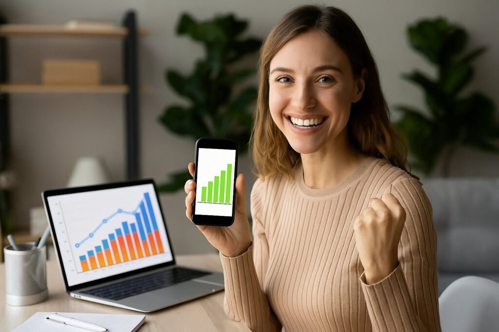 Mulher sorrindo em home office ao visualizar gráficos de vendas e resultados no celular e no notebook.
