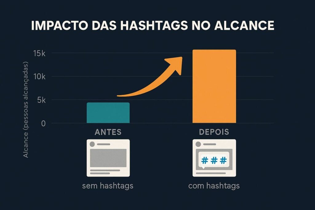 Gráfico comparando alcance de postagens com e sem hashtags Instagram 2025.